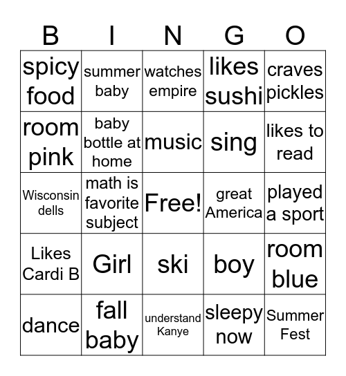 parenting Bingo Card