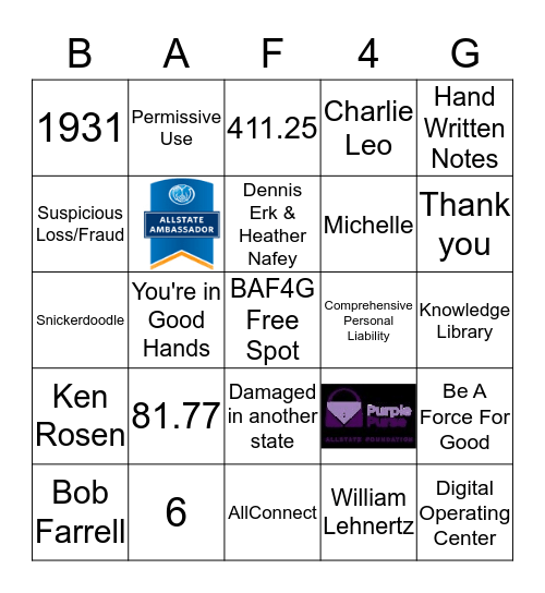 BAF4G Bingo Card