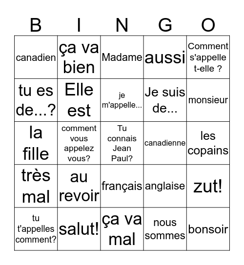 Ch1 - vocabulaire Bingo Card