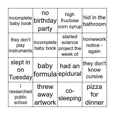 Homeschool Mom Bingo Card