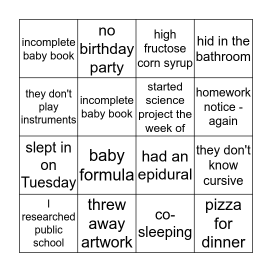 Homeschool Mom Bingo Card