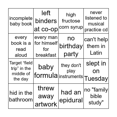 Homeschool Mom Bingo Card