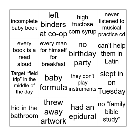 Homeschool Mom Bingo Card