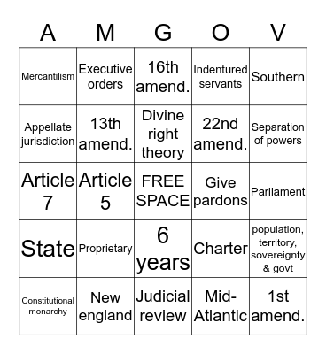 American Government  Bingo Card