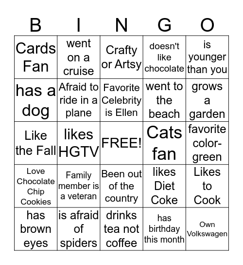 Team Member Bingo Card