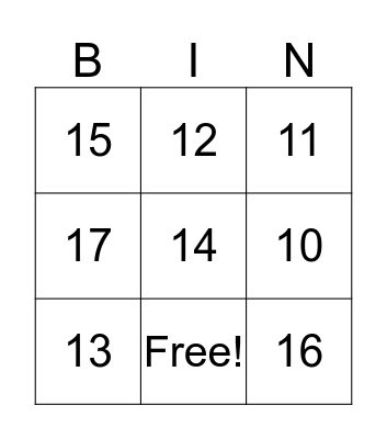 Addition Bingo Card