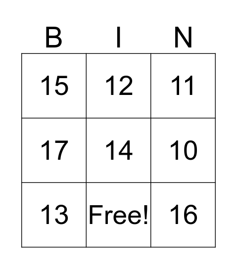 Addition Bingo Card