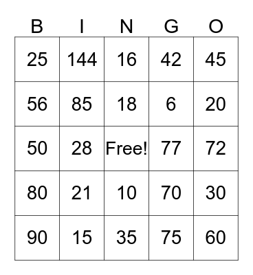 Multiplication Fact Bingo Card