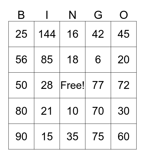 Multiplication Fact Bingo Card