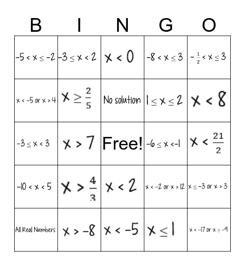 Inequalities Bingo Card