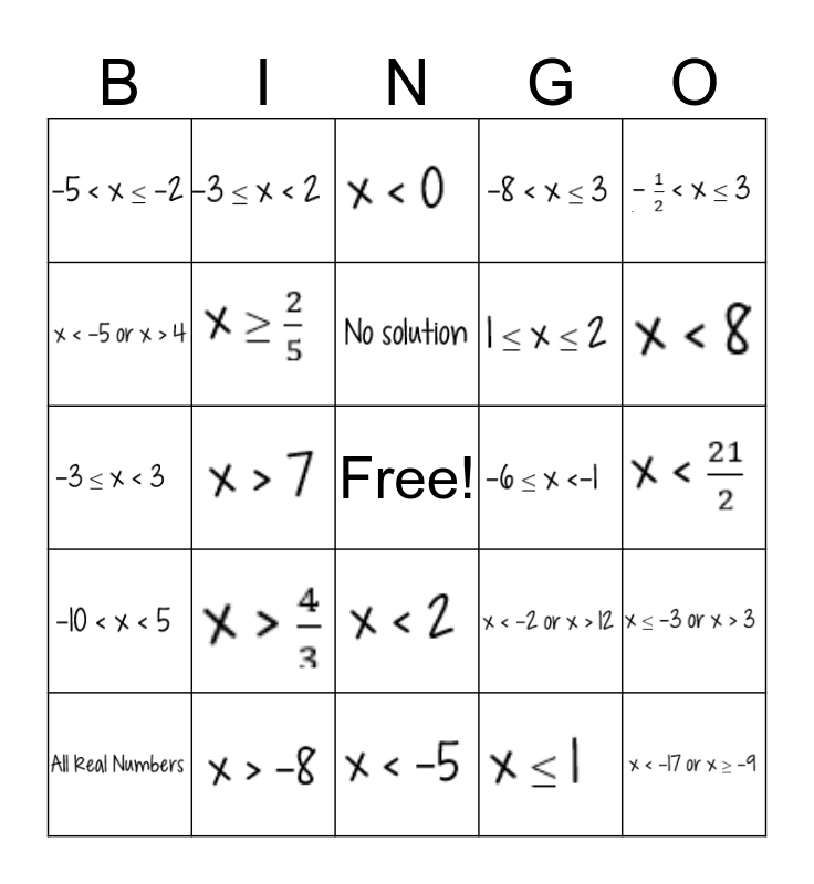 Inequalities Bingo Card