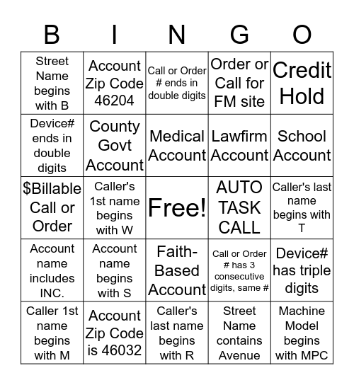 VAF Customer Care Bingo! Bingo Card