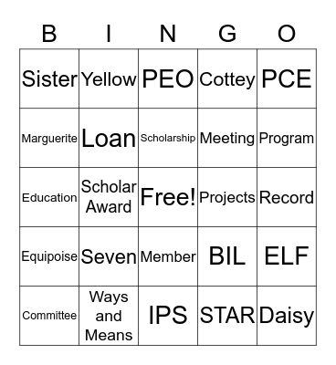 PEO Bingo Card