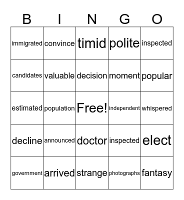 Vocabulary Bingo Card