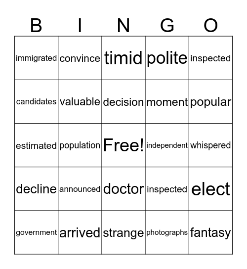 Vocabulary Bingo Card