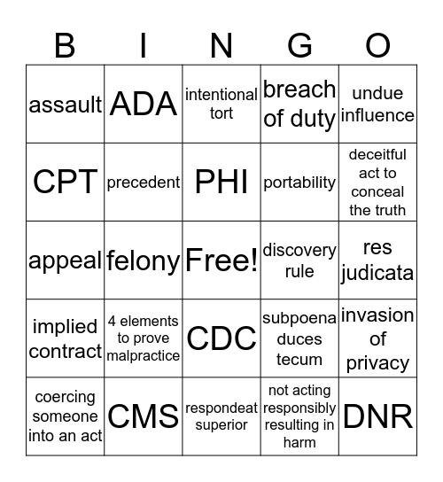 Medicine and the Law Bingo Card