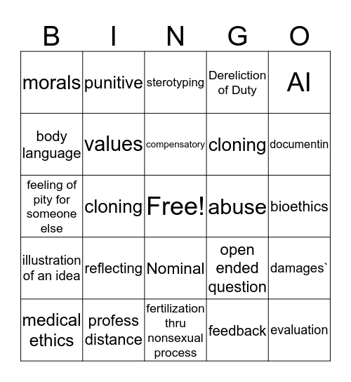 Medicine and Ethics; Interpersonal Comm Skills Bingo Card