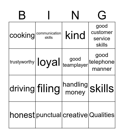 SKILLS AND QUALITIES Bingo Card