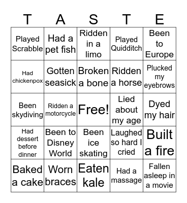 Never Have I Ever... Bingo Card