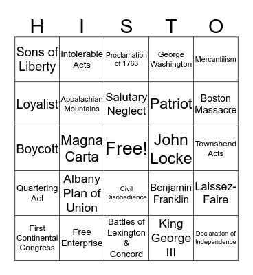 Causes of the American Revolution Bingo Card