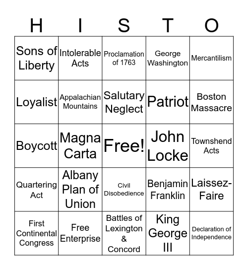 Causes of the American Revolution Bingo Card