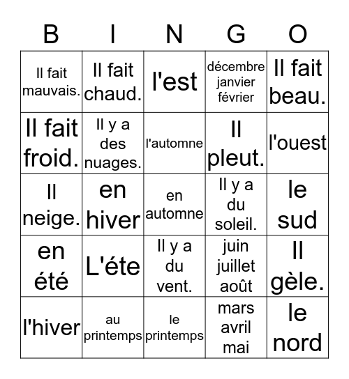 F2 - les saisons et le temps  Bingo Card