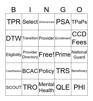 TRICARE Bingo Card