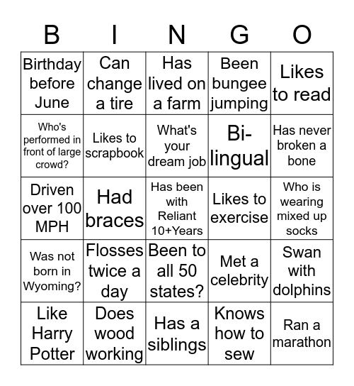 Reliant Bingo Card