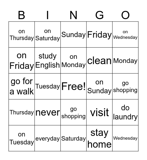 days of the week Bingo Card