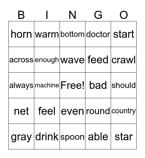 Word Bingo Card