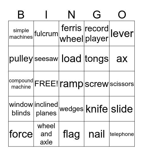 Simple Machines Bingo Card