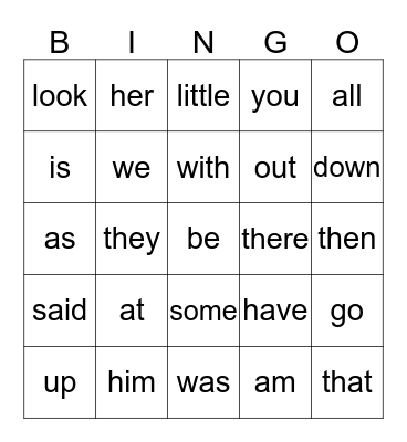 Sight Words Bingo Card