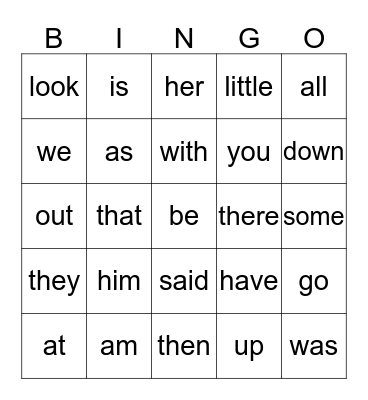 Sight Words Bingo Card