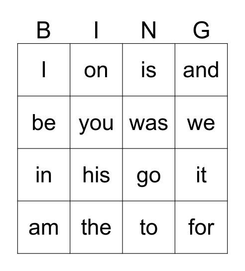 Sight Words Bingo Card