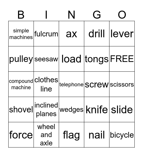 Simple Machines Bingo Card
