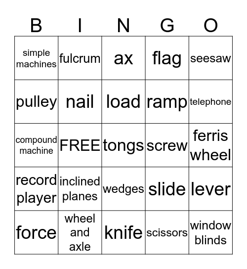 Simple Machines Bingo Card