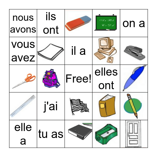 AVOIR & Classroom objects Bingo Card