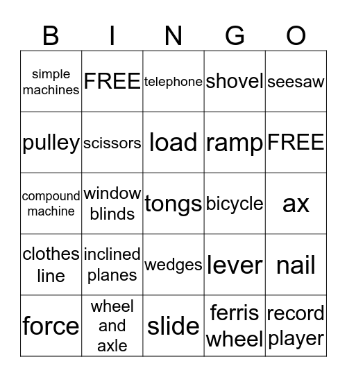 Simple Machines Bingo Card
