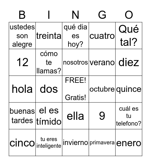 Adjetivos y otras palabras Bingo Card