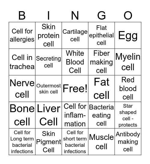 Types of Cells Bingo Card