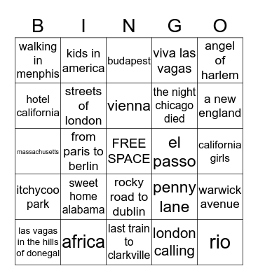 rock n roll bingo WHERE IN THE WORLD Bingo Card
