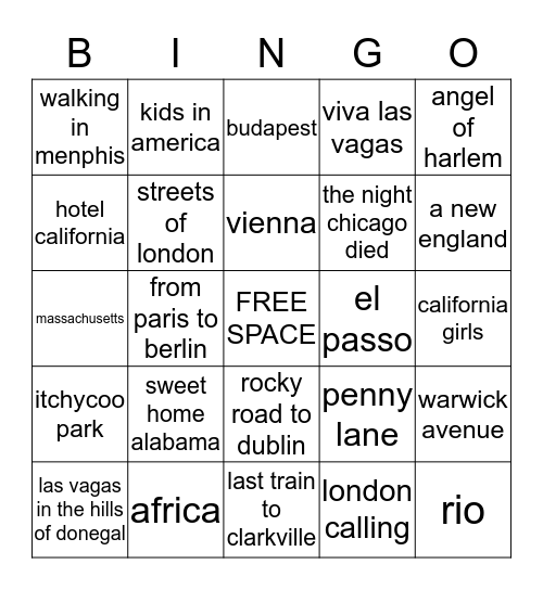 rock n roll bingo WHERE IN THE WORLD Bingo Card