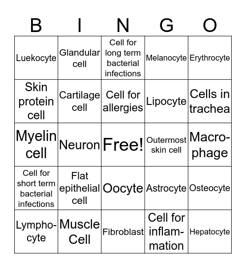 Types of Cells Bingo Card