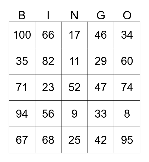 Maths Bingo Card