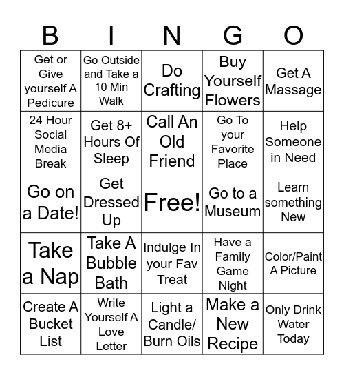 Self Love Bingo Card