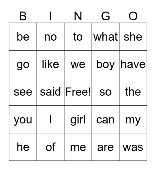 First Nine Week Sight Words Bingo Card