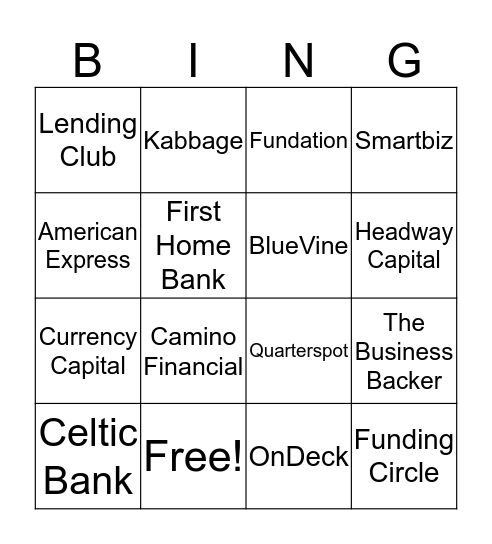 FUNDERA LENDER BINGO Card