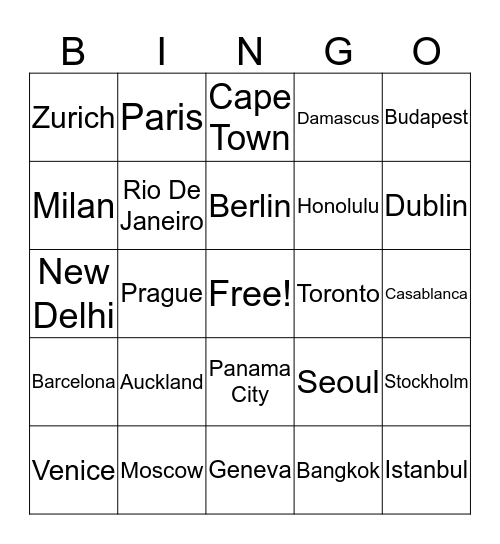 Famous Cities Bingo Card