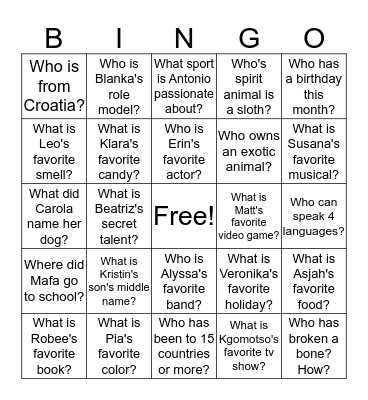 Getting to Know You Bingo Card