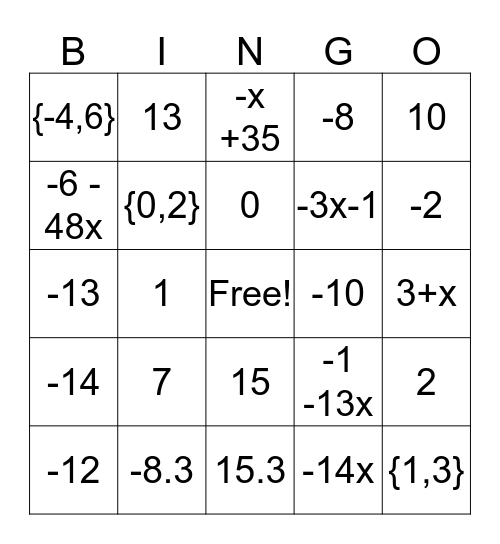 Equations and Expressions Bingo Card